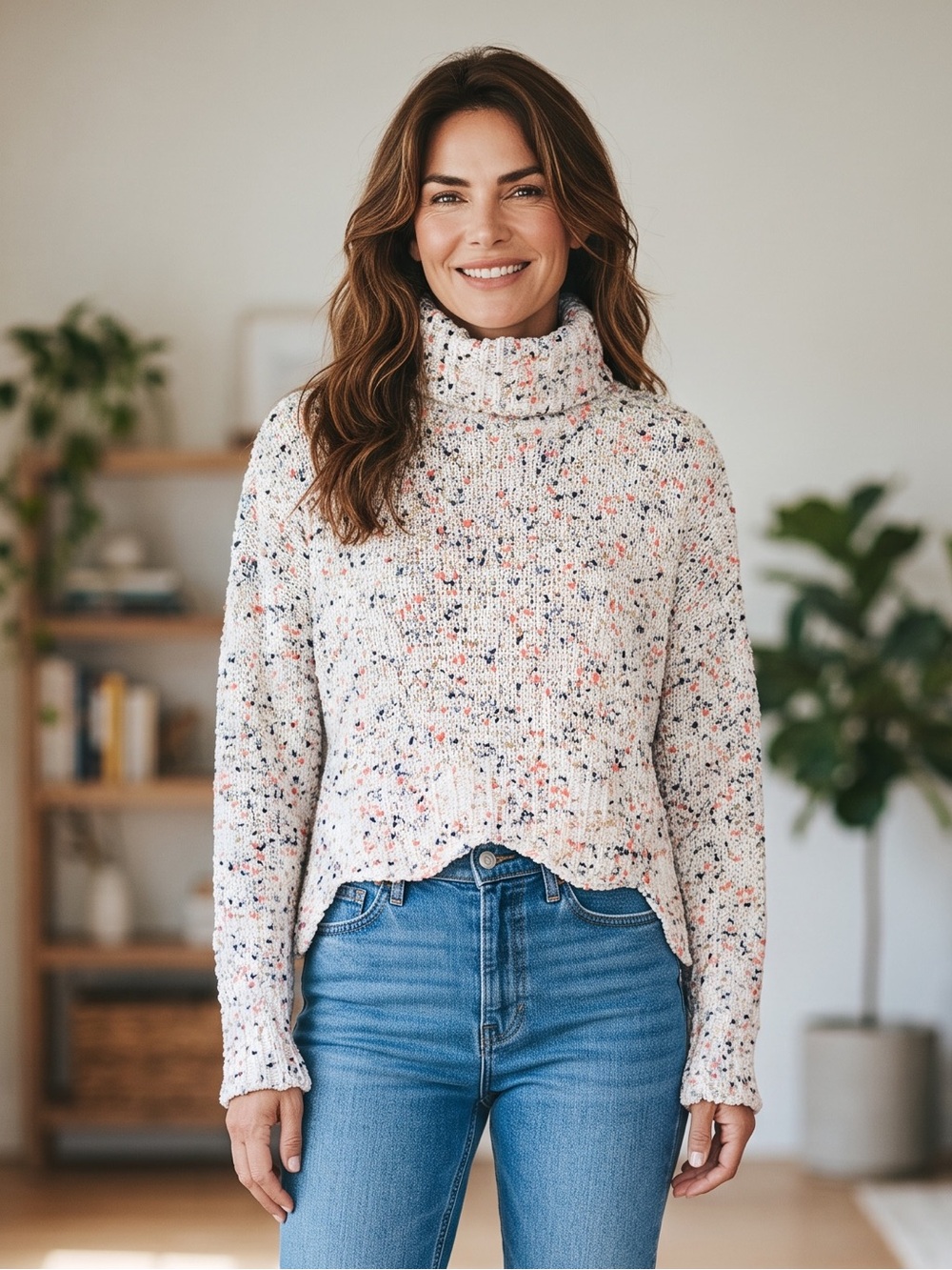 Moon & Madison L Confetti Knit Oversized Turtleneck High Low Sweater